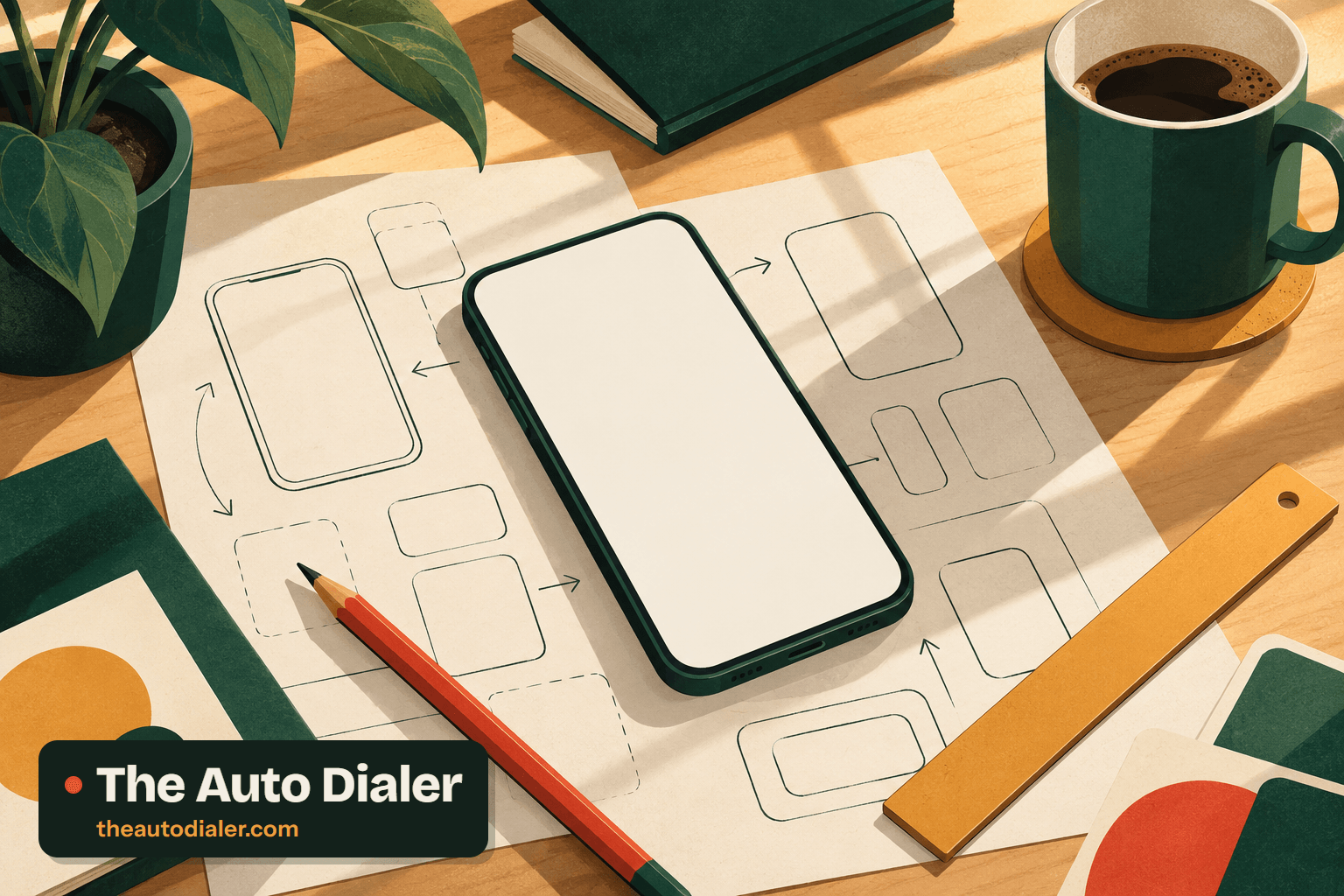 Illustration of a designer's desk: a smartphone with a blank screen lying on paper sketches of screen outlines joined by arrows, with a red pencil, a yellow ruler, a coffee mug, notebooks and a plant in warm light. Labelled “The Auto Dialer”.