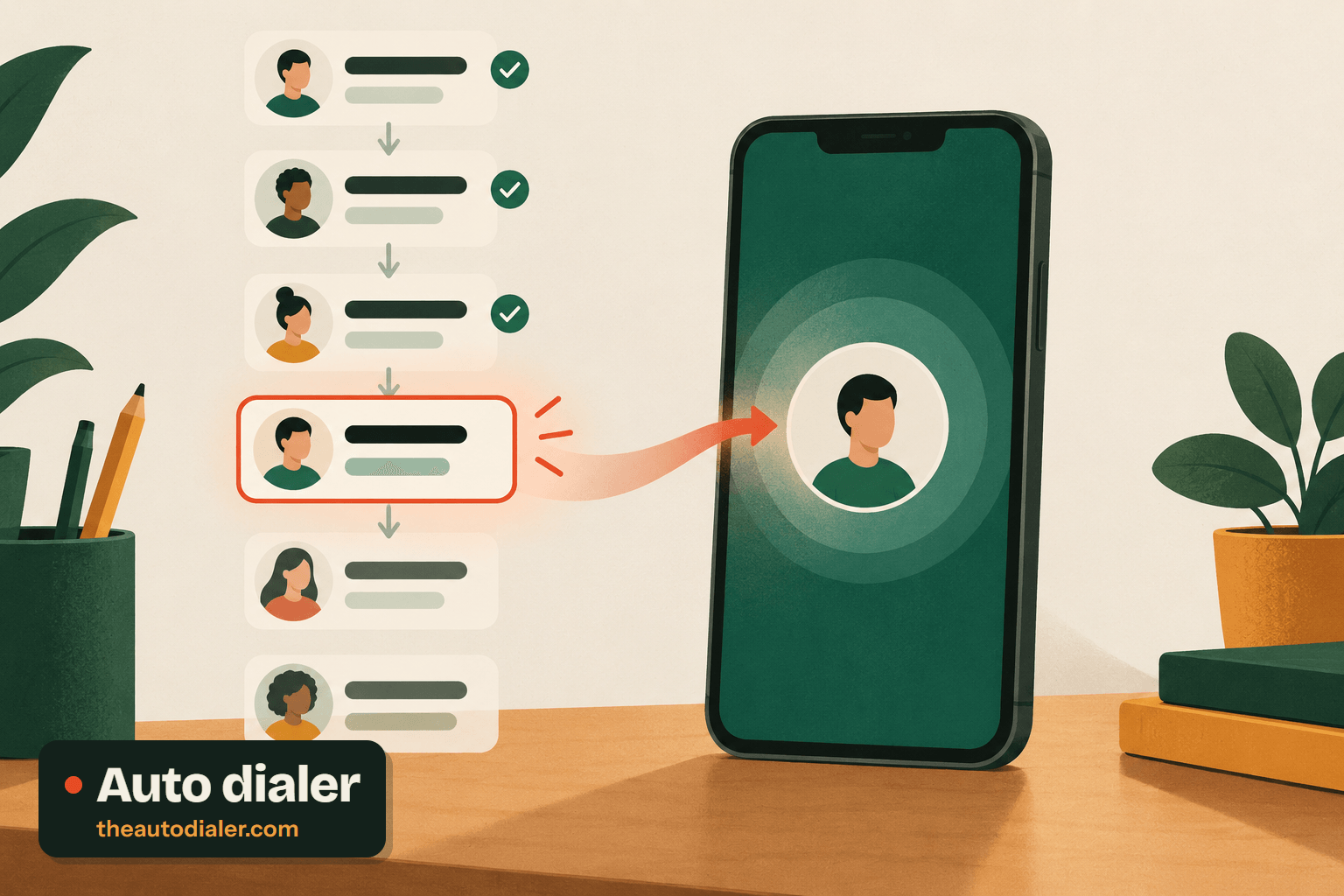 Auto dialer illustration: a column of contact cards, three ticked as done and the fourth outlined in red, with an arrow from that card into a smartphone showing the same contact mid-call. Labelled “Auto dialer”.