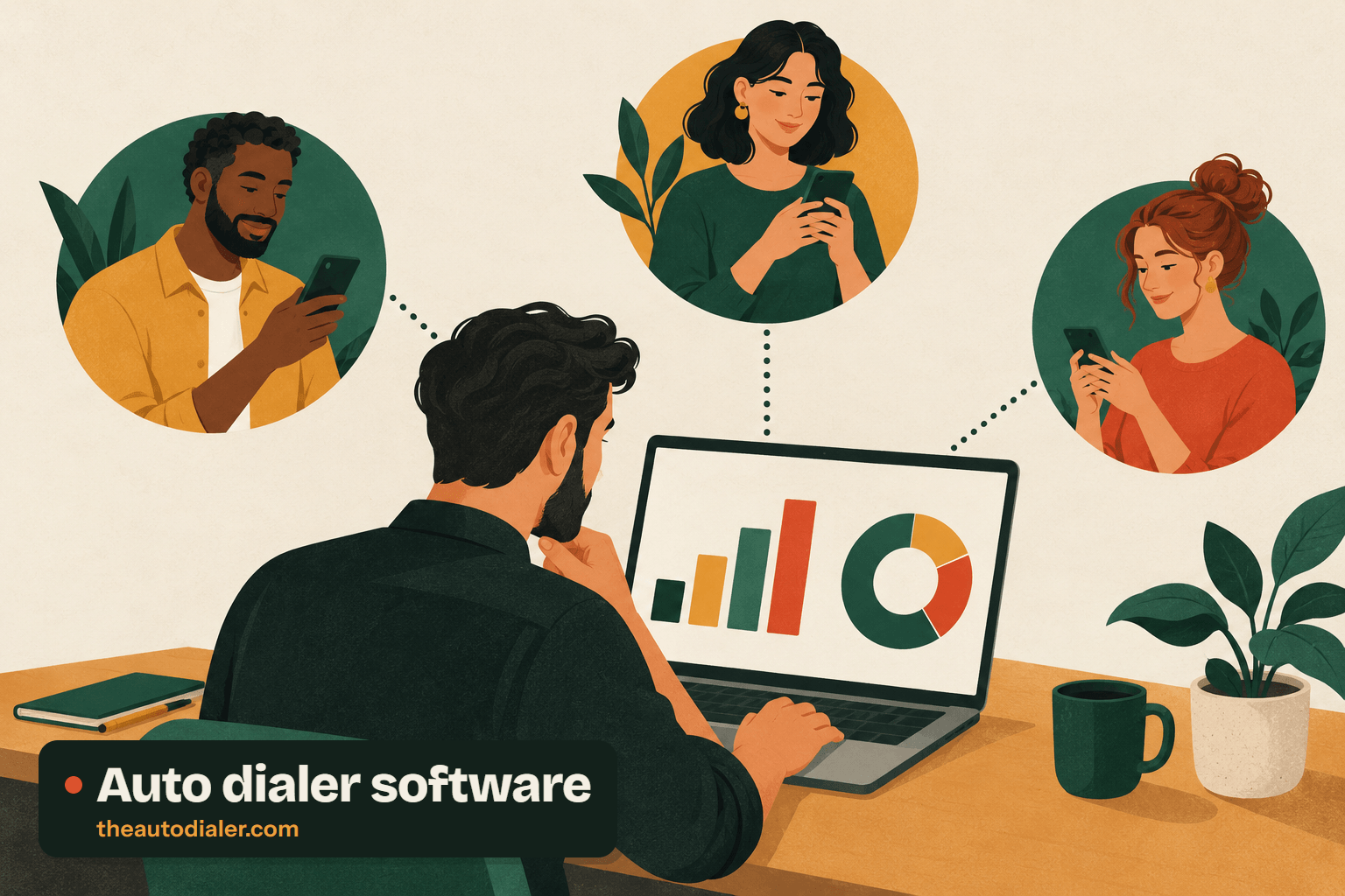 Auto dialer software illustration: a man at a laptop showing bar and ring charts, linked by dotted lines to three team members in circles who are each using a smartphone. Labelled “Auto dialer software”.