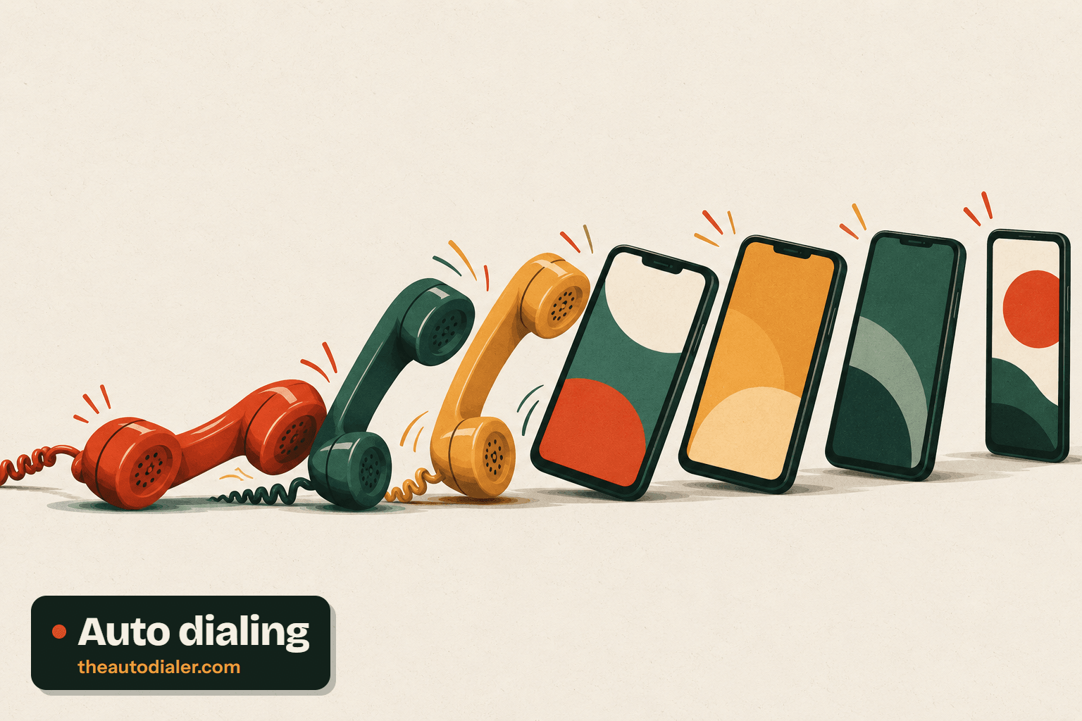 Auto dialing illustration: a row of red, green and yellow telephone handsets followed by four smartphones, tipping over one after another like dominoes. Labelled “Auto dialing”.