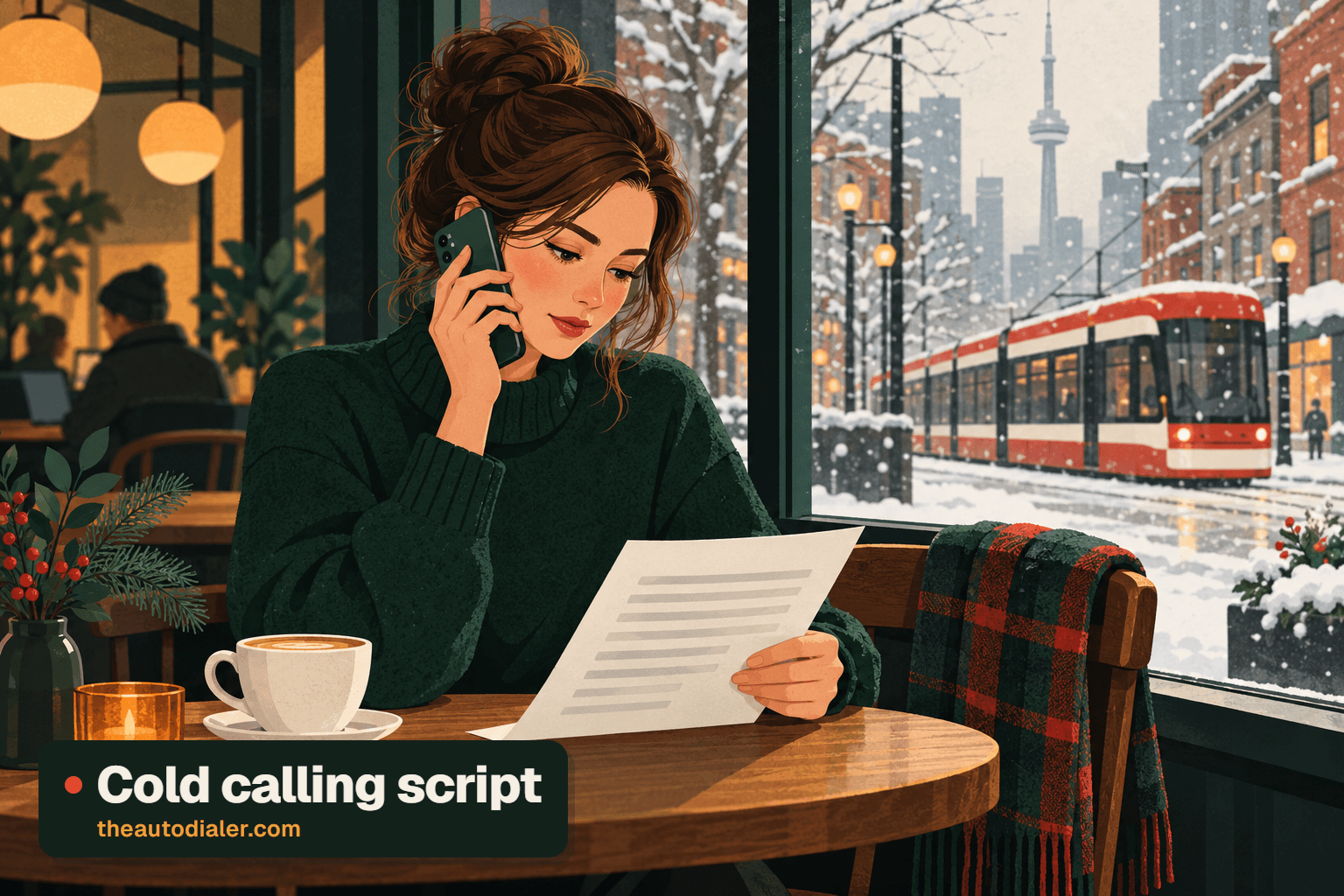 Cold calling script illustration: a woman with auburn hair in a messy bun and a green roll-neck jumper talks on a phone while reading a printed page at a cafe window table, with a latte, a candle, a tartan scarf and a red streetcar in the snow outside. Labelled “Cold calling script”.