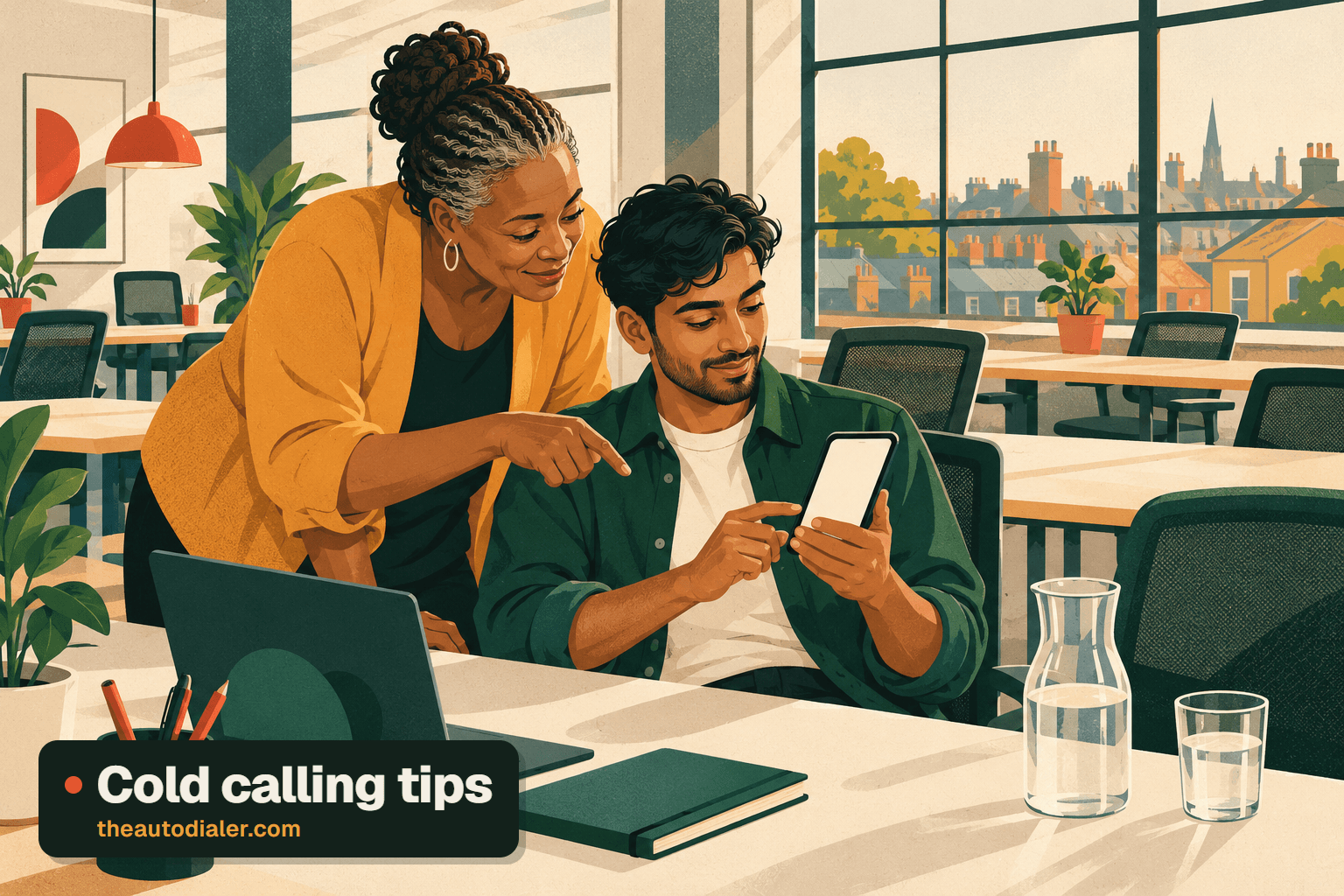 Cold calling tips illustration: an older woman with grey-streaked braids in a mustard cardigan leans over to point at the phone held by a young bearded man in a green overshirt, at a desk with a laptop, a notebook and a water carafe, rooftops outside. Labelled “Cold calling tips”.