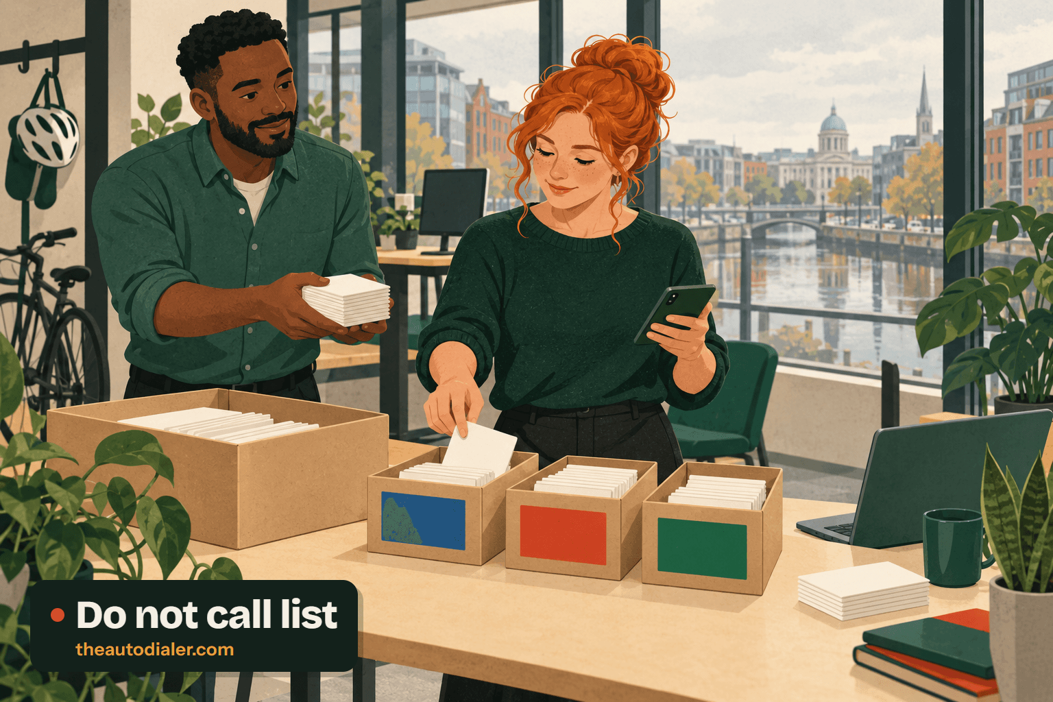 Do not call list illustration: a red-haired woman holding a phone sorts cards from a large box into three smaller boxes marked blue, red and green, as a colleague hands her another bundle, with a canal and city view behind. Labelled “Do not call list”.