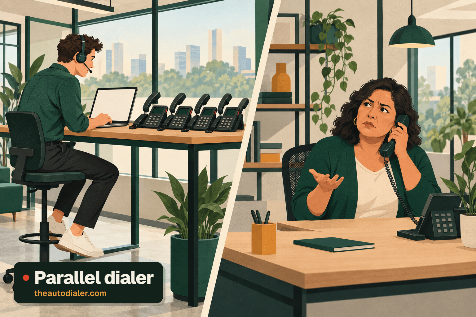 Parallel dialer illustration: on the left, a young man in a headset works at a laptop beside a row of four desk phones; on the right, a woman in a green cardigan holds a desk phone handset and gestures, puzzled, at a quiet line. Labelled “Parallel dialer”.