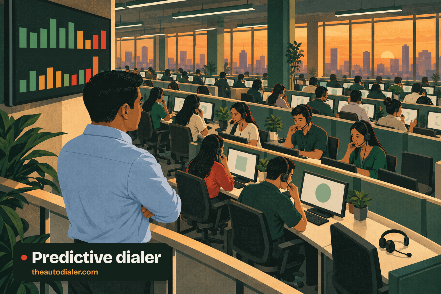 Predictive dialer illustration: a supervisor with folded arms watches a wall display of coloured bars above rows of agents in headsets at sunset, with one empty desk in the foreground where a headset rests unused. Labelled “Predictive dialer”.