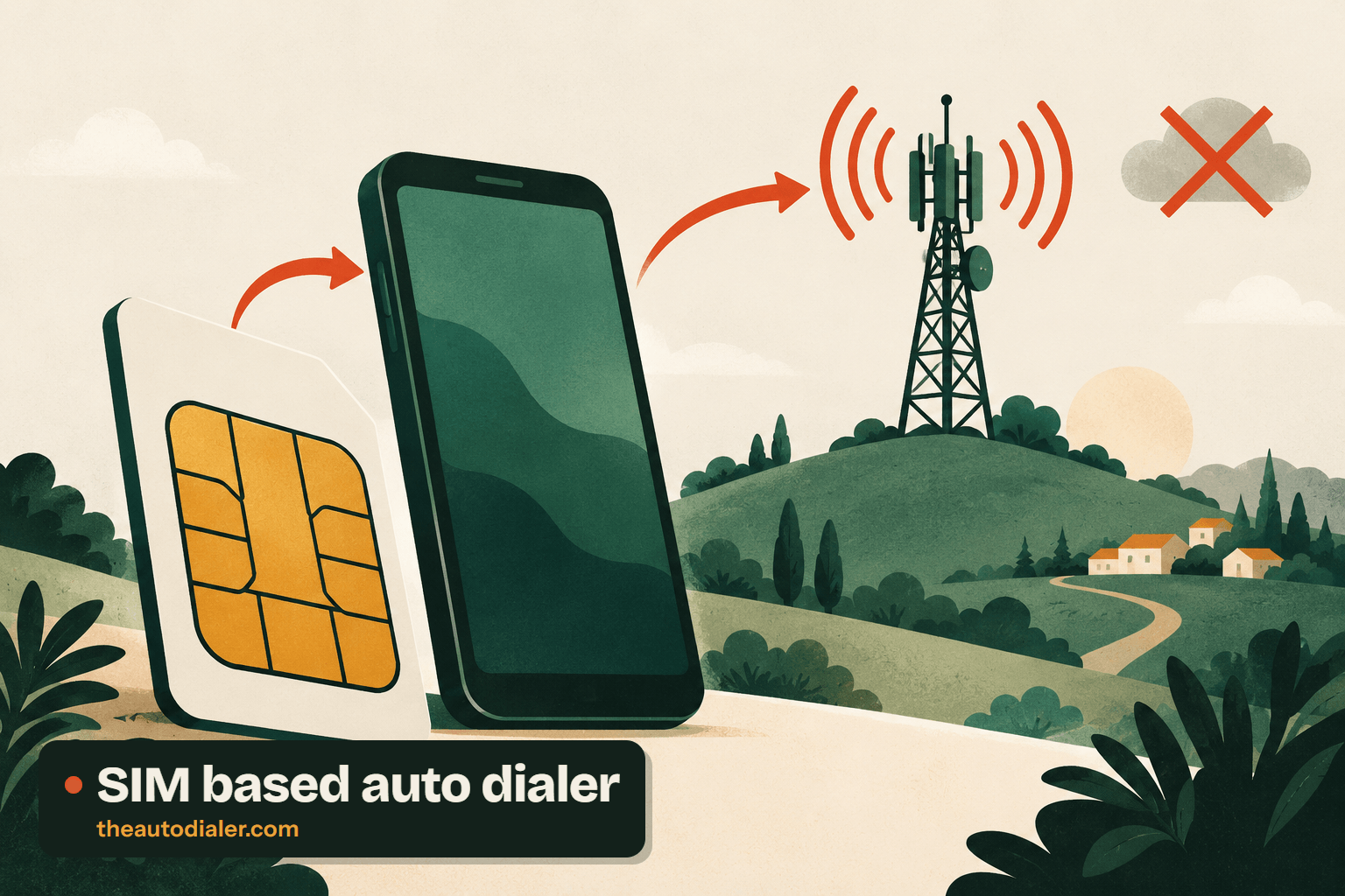 SIM based auto dialer illustration: a SIM card with an arrow into a smartphone, and a second arrow from the phone to a mobile tower on a green hill sending out signal waves, with a crossed-out cloud in the sky. Labelled “SIM based auto dialer”.
