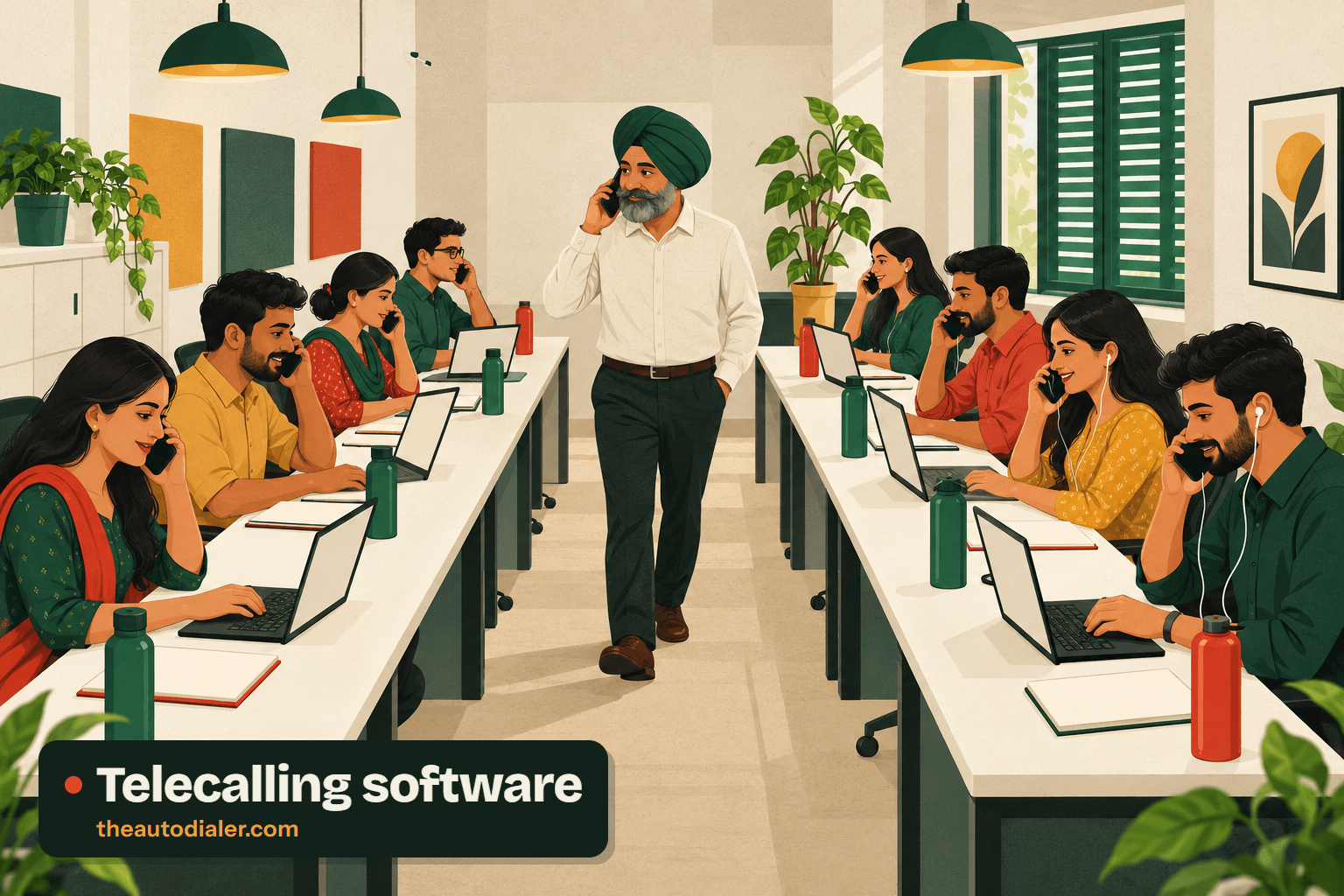 Telecalling software illustration: eight young telecallers at two long white desks talk on mobile phones, some with wired earphones, beside laptops, notepads and water bottles, while a team leader in a turban walks between them on a call. Labelled “Telecalling software”.