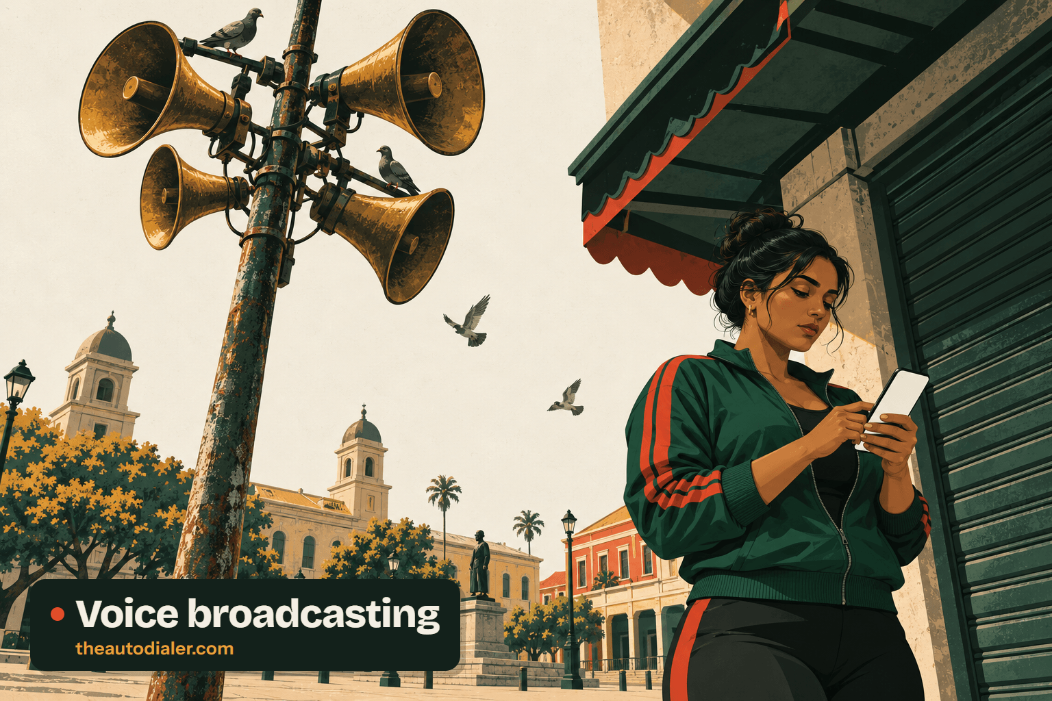 Voice broadcasting illustration: old brass loudspeaker horns with pigeons on a weathered pole tower over a town square, while a woman in a green tracksuit top stands under an awning typing on her phone, ignoring them. Labelled “Voice broadcasting”.